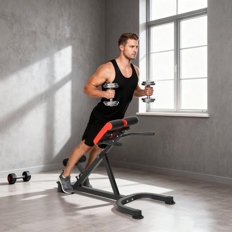 Chaise d'entraînement, banc de fitness, banc de musculation, acier, réglable, poignées, rouge et noir (1/4)