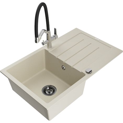 Mexen Bruno 1 Becken-Granitspüle mit Abtropffläche und Mischbatterie Duo, Beige - 6513-69-671701-07-