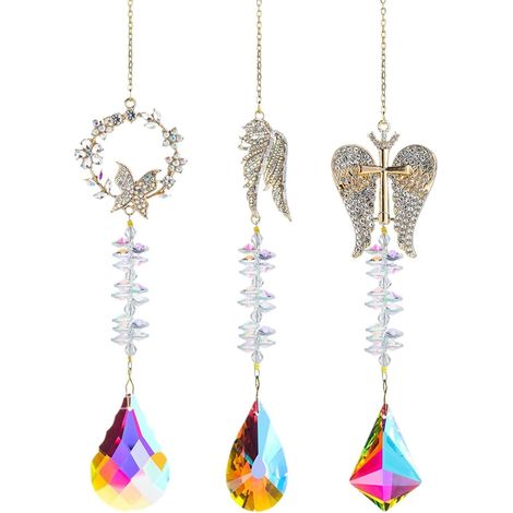 Set di 3 acchiappasole in cristallo per ali d'angelo, farfalla, croce, arcobaleno, decorazione per finestra, giardino, matrimonio, metallo colorato, 15" (1/5)