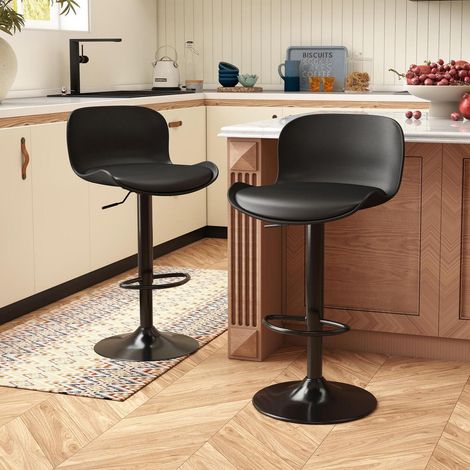Barhocker 2er Set, Höhenverstellbar, PU-Leder mit Rückenlehne & Fußstütze, Schwarz (1/5)