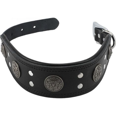 Collier chien cuir de vachette - Noir taille L, réglable, décorations métalliques - Style rétro (1/2)