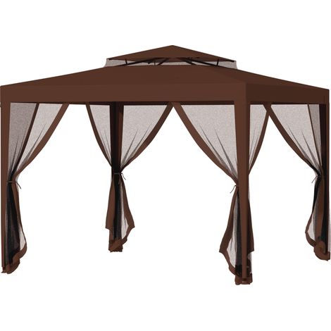 Tonnelle barnum jardin 3x3 m 4 moustiquaires amovibles double toit marron