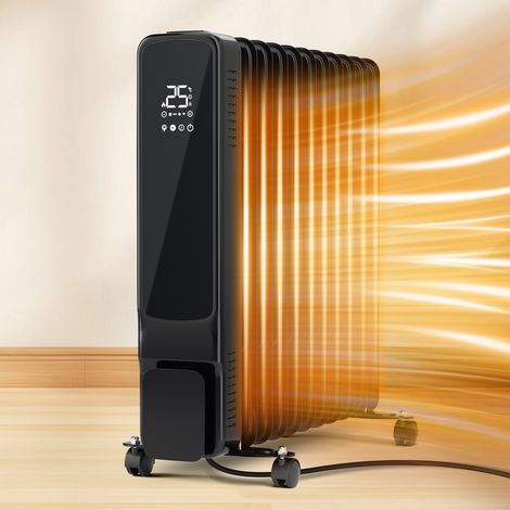 TolleTour Stufa radiatore a olio 2500 W WiFi, 11 elementi, regolazione 5-35 °C, telecomando, pannello in vetro e ruote, nero (1/5)