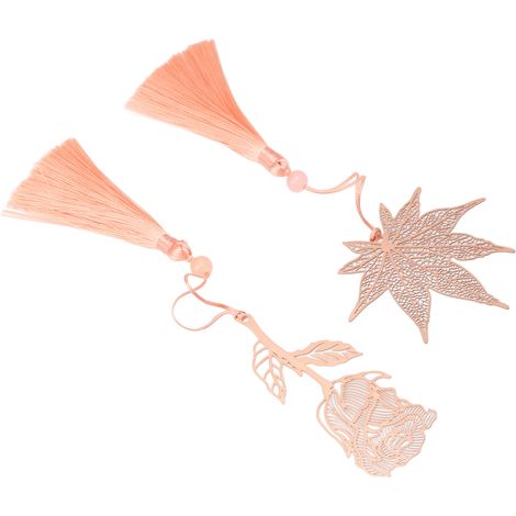Lot de 2 marque-pages en métal plaqué or rose, en acier inoxydable, avec motif fleur et feuille, ajourés, pour le bureau ou l'école.