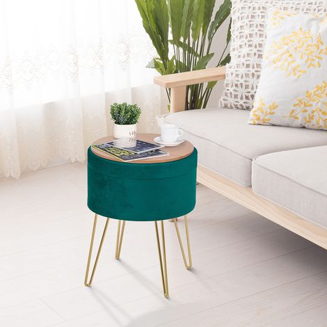 Pouf Contenitore 2 in 1 Uso Sgabello o Tavolino in Legno e Velluto Verde (1/5)
