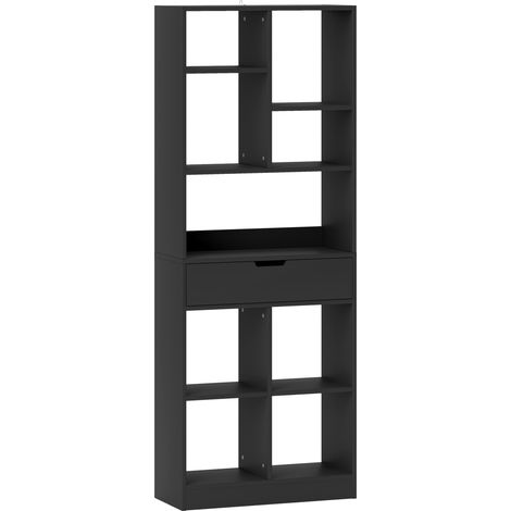 Meuble de Rangement Zynora Noir Grain de Bois 1 Porte 4 Tiroirs Salon Chambre Entrée Polyvalent