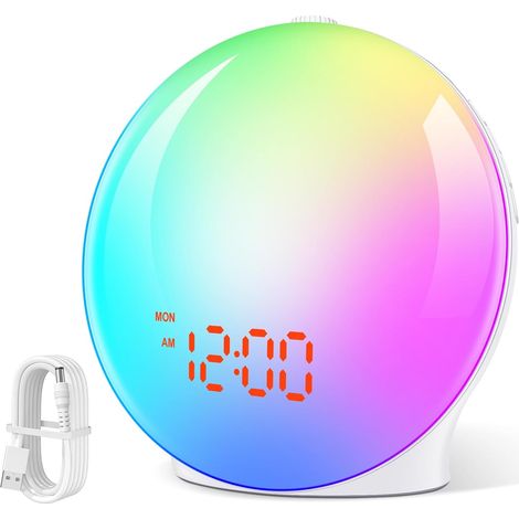 Lampe Radio Reveil Simulateur d'Aube sur Lampe de Chevet LED 2 Réveils 7 Types de Lumières Couleur,7 Sons Naturels Fonction Snooze,20 Luminosités,Pour Veilleuse Enfant (1/5)