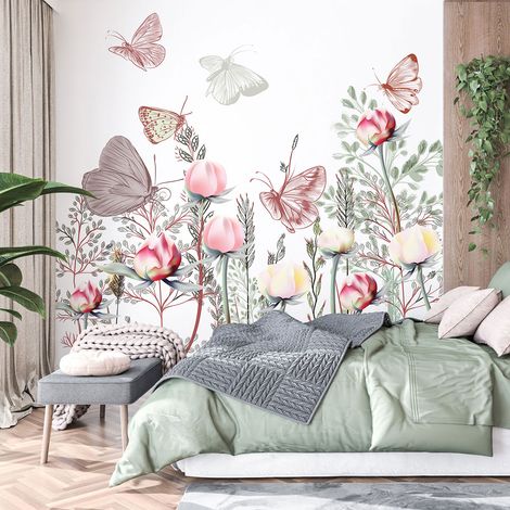 Papier peint panoramique - Fleurs Papillons - 130 cm x 123 cm (1/4)