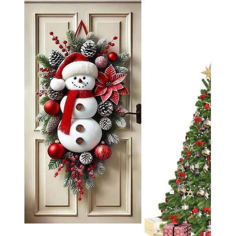 Tuserxln – Schneemann-Weihnachtsdekoration 180 x 90 cm – Türdekoration mit Schleife und Glöckchen – Festlicher Hängekranz (1/4)