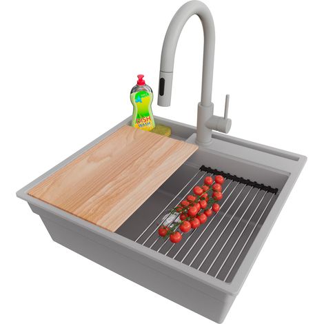 PRIMAGRAN Evier Cuisine en Granit 58x53cm,Lavabo 1 bac + Robinet 40x20cm + Kit de Vidage + Accessoires, Évier à Encastrer au meuble 60cm - Oslo Pocket, Gris (1/5)