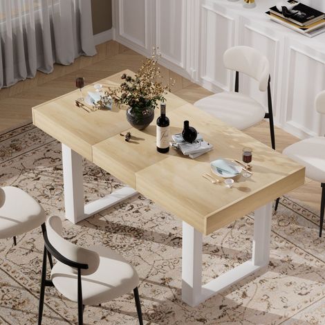 Table à manger rectangle extensible 120-160x75x75cm,8 personnes,table de cuisine rétro,aggloméré,effet bois naturel et blanc