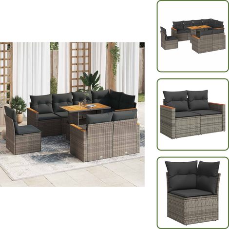 The Living Store 9-tlg. Garten-Sofagarnitur mit Kissen Grau Poly Rattan Akazie - Gartentisch (1/5)