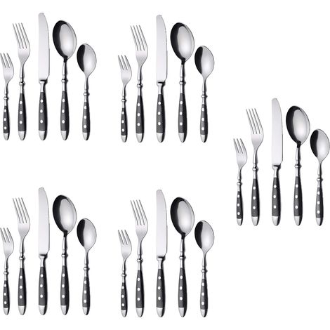 Besteckset für 5 Personen, Edelstahl, robustes, rustikales Besteckset, geschmiedetes Besteck mit schwarzen Griffen (1/5)