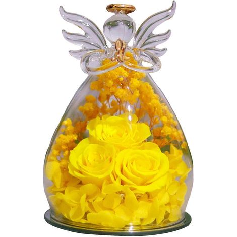 Roses éternelles sous cloche en verre, fleurs stabilisées à poser, cadeau de Noël pour maman, grand-mère, épouse, jaune, 1 (1/5)
