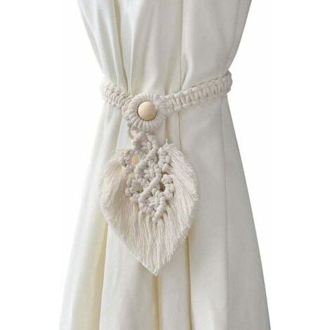 Lot de 2 supports de cravate pour rideaux bohémiens faits à la main - En coton tissé à la main - Blancs cassés (1/5)