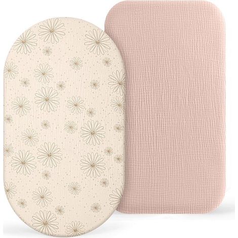Lot de 2 draps-housses cododo pour lit bébé, 100 % mousseline de coton, pour poussette, lit parapluie et berceau, coloris poudre de beurre et marguerite, 82 x 41 cm (1/5)