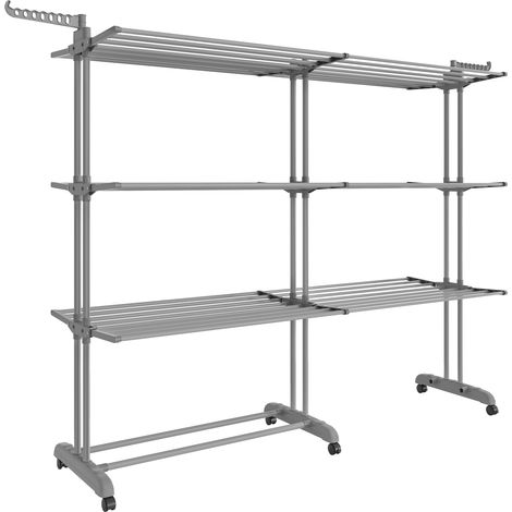 Étendoir à Linge, Séchoir Mobile à 4 Niveaux, avec Roulettes, Pliable, 63,5 x (131-200) x 177,5 cm, Grande Capacité, Utilisation Intérieure et Extérieure, Gris Tourterelle