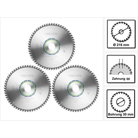 Festool Spezial Kreissägeblatt Set 3x HW 216 x 30 x 2,3 mm W60 ( 3x 491051 ) 216 mm 60 Zähne