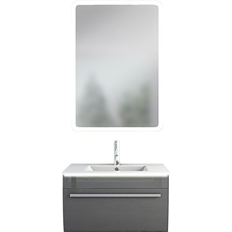 Badmöbel Gently 3 V1 Weiß/Grau 70cm + Leuchtspiegel LSP02 cm (1/5)