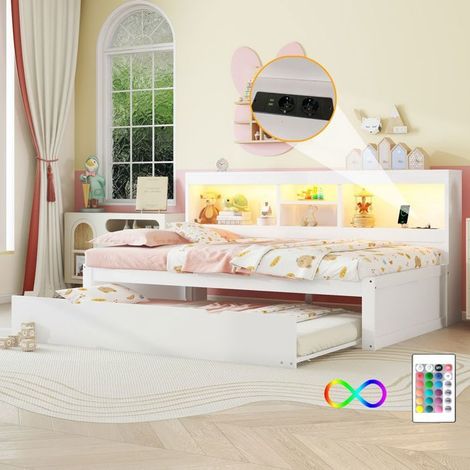 Lit Gigogne 90 x 200 cm éclairage LED compartiment de rangement latéral prise et USB blanc (1/5)