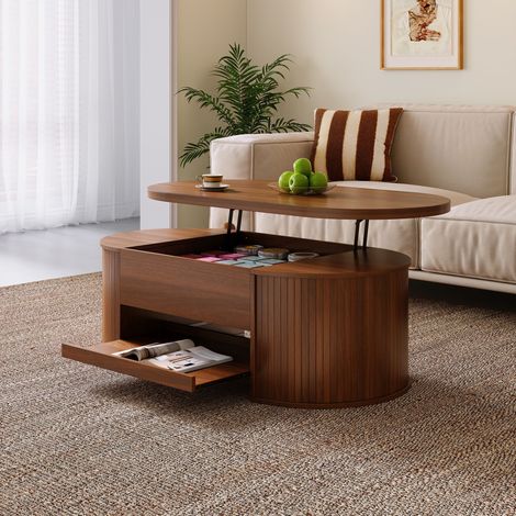 Tavolino basso sollevabile, regolabile in altezza con piano in legno curvato e mensola di archiviazione estensibile, stile rustico, mobile multifunzione per soggiorno - Colore noce