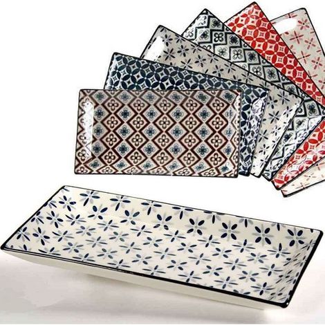 Trade Shop - Vassoio Rettangolare In Ceramica Decori Assortiti 24x12x1,8 Cm Cucina 737350 - (1/3)