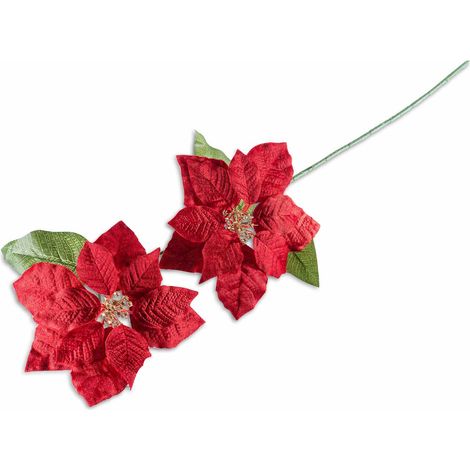 Stelle di Natale pick artificiali in stoffa in ramo da 2, con pistilli dorati, set da 12 pezzi, cm 33 H (con gambo 70)
