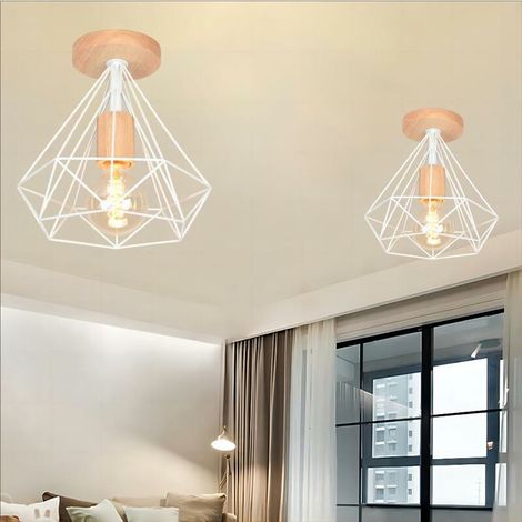 2 Pack Rétro Plafonnier Industrielle E27 25cm Lampe Plafonnier en Métal et Bois Blanc (1/5)
