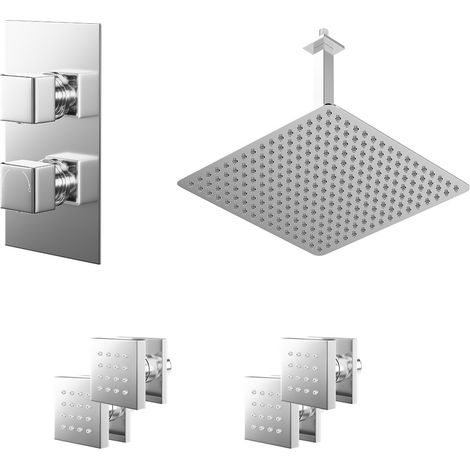 Cubix Polished Chrome Concealed Twin Thermostatic Shower Valve with Diverter and 400mm Square Head with 300mm Ceiling Arm and 4 Body Jets - 2 Outlet (1/5)