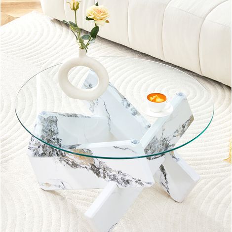 Table basse ronde MDF et verre trempé 79 cm, hauteur 45 cm, blanc et transparent, REDOM (1/5)