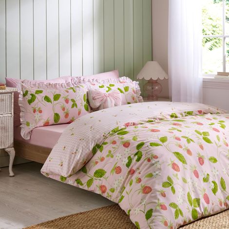 Parure de lit réversible avec Housse de Couette et taies d'oreiller Motif Vichy Rose (1/4)