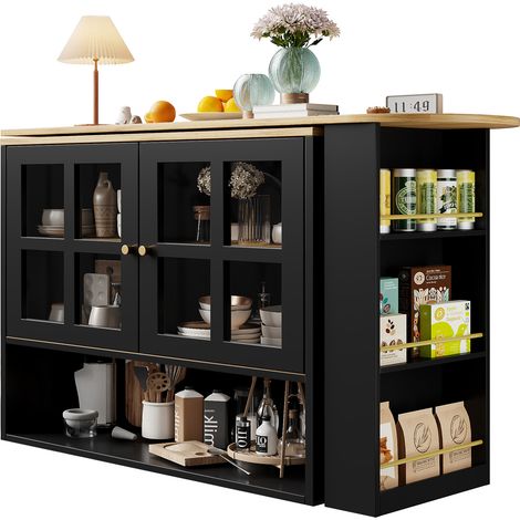 CHICFURN Isola cucina estensibile 138-204 cm in MDF nero, rotazione 360°, vetrina (1/5)