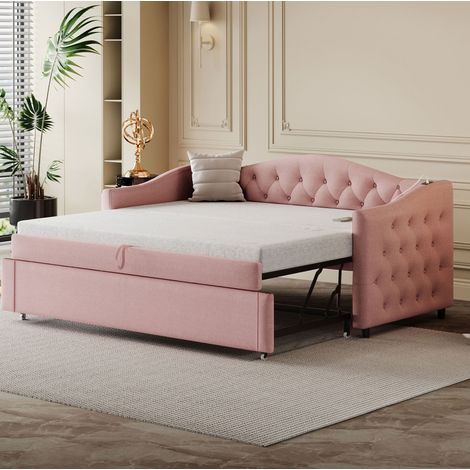 Sofá cama tapizado de lino rosa 90x200 cm, extensible, con USB y somier de láminas (1/5)