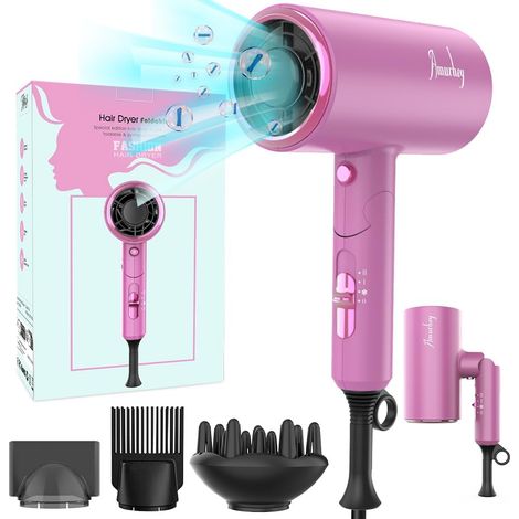 Sèche-cheveux Ionique Moteur AC 2200W, Léger Pliante Sèche-cheveux de Voyage avec Bouton Chaud/Froid, 3 Températures/2 Vitesses, Sèche-cheveux pour de Nombreuses Coiffures (1/5)
