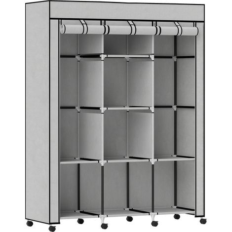 Stoffgarderobe, 8 Einlegeböden, 2 Kleiderstangen, Grau