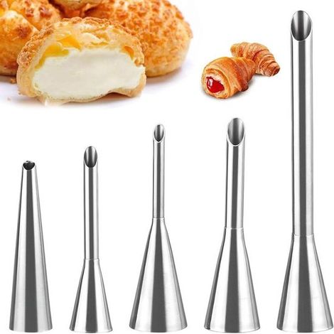 5 douilles en acier inoxydable pour crème fouettée et glaçage, douilles longues pour profiteroles, outils de décoration de gâteaux, douilles multi-usages pour petites pâtisseries, profiteroles, cupcak (1/5)