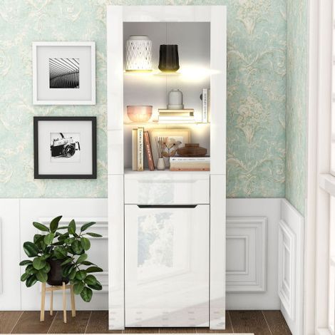 Vitrine avec éclairage LED contrôlable par application — Bibliothèque, Classeur, Unité d'exposition sur pied, Meuble de rangement à étagères — Idéal pour cuisine, salon, bureau ou salle à manger (1/4)