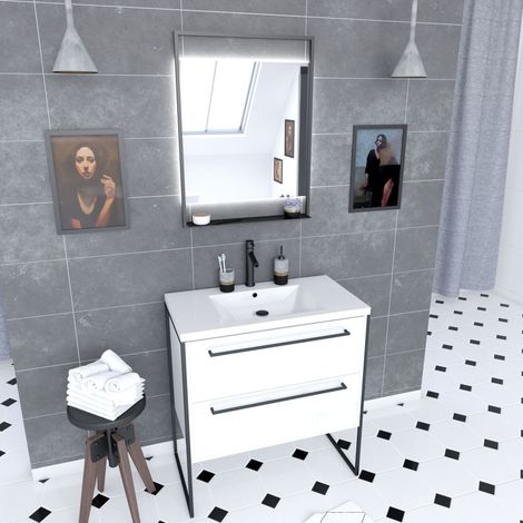 Set mobile bagno 80x50 cm bianco - 2 cassetti - lavabo bianco e specchio nero opaco LED