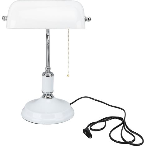 Lampe de table Bankers en verre blanc, style vintage, bureau avec interrupteur à chaîne rétro, lecture (1/5)