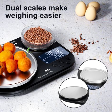 Bilancia da cucina digitale a doppia piattaforma, pesa fino a 5 kg e 300 g, bilancia digitale con piattaforma di pesatura in acciaio inox, ideale per cucinare, cuocere al forno e preparare gli aliment (1/4)