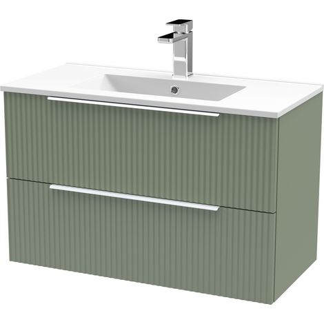 Tixall Fluted 2 Drawer Wall Hung Vanity Unit with Minimalist Basin, Satin Green, 800mm