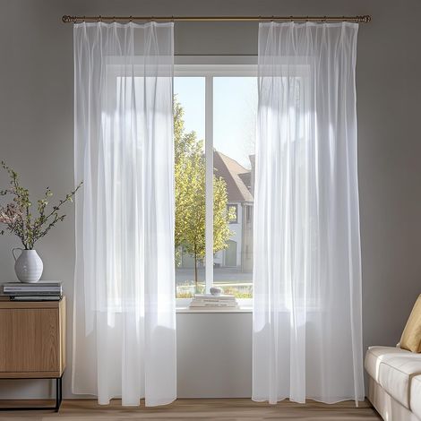 o Lot de 2 Rideaux Voilage, Galon Fronceur, Salon Moderne, Blanc, 140×145 CM, Rideau Fenêtre Intérieur Salle Maison Chambre (1/5)