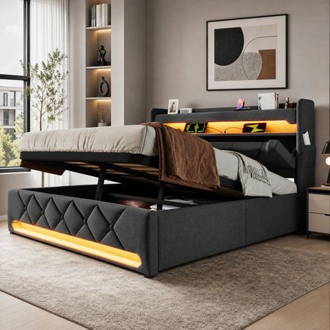CHICFURN Letto 160x200 in lino grigio con LED, USB-C, contenitore e testiera, senza materasso (1/5)