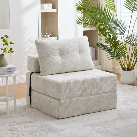 Divano letto in tessuto felpa (chenille) con schienale e cuscini testa e lombari, schiuma ad alta densità, beige (1/5)