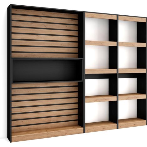 Skraut Home – Étagère bibliothèque moderne 230x186x25cm – 4 tablettes en chêne et noir – Pour salon, salle à manger ou bureau – Panneaux 3D (1/5)