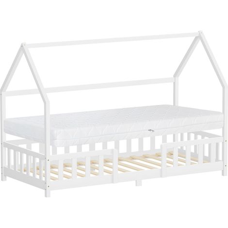 ML-Design Letto a Casetta per Bambini 90x200 cm, Bianco, con Materasso 16 cm e Protezione Anticaduta, in Legno Massello di Pino, Tetto e Rete a Doghe,Stile Montessori, Letto Singolo per Ragazzi
