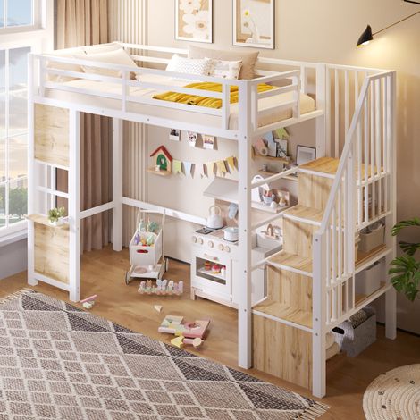 Lit mezzanine enfant 90x200 cm en métal avec échelle de rangement, lit surélevé espace ouvert sous le lit, garde-corps et design fenêtre, blanc (1/5)
