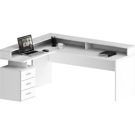 Dmora - Scrivania Leonilda, Scrittoio angolare con sopralzo, Scrivania ufficio multiuso, 180x90h160 cm, Bianco