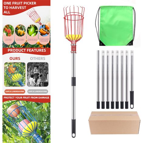 Cueilleur de fruits avec panier et manche télescopique de 4 mètres, pince à panier en acier inoxydable pour pommes et oranges, léger et compact. (1/5)