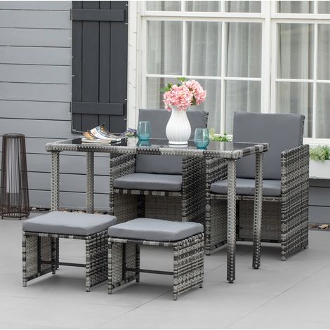 Set salotto da giardino 5 pezzi, tavolo, 2 sedie, 2 sgabelli, cuscini, polyrattan grigio, metallo (1/5)